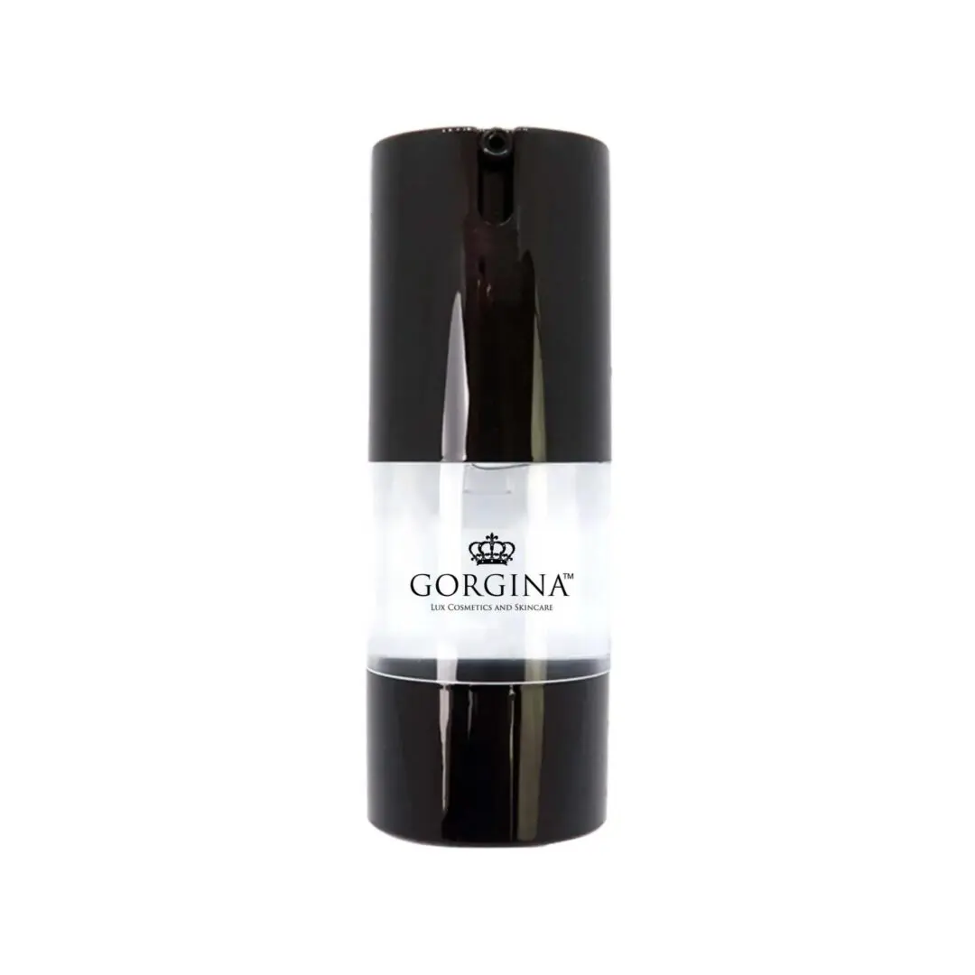 A black and transparent cosmetic bottle labeled "Gorgina" with a crown logo.