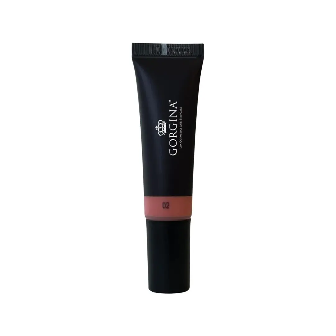 A black tube of Gorgina liquid lipstick, shade 02, with a transparent section showing the color.