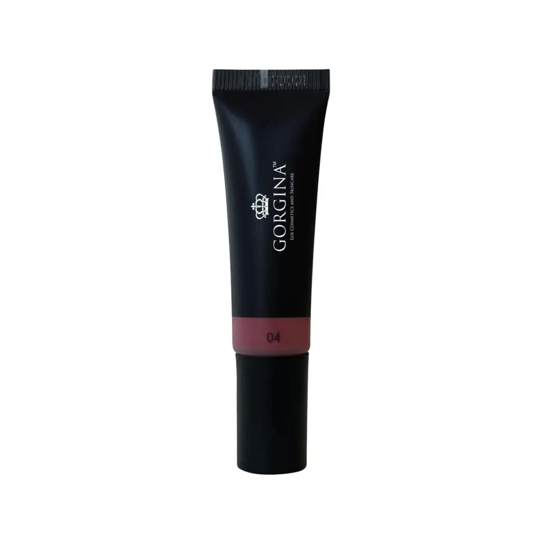 A black tube of Gorgina liquid lipstick with a crown logo and shade number 04, featuring a mauve color at the bottom.