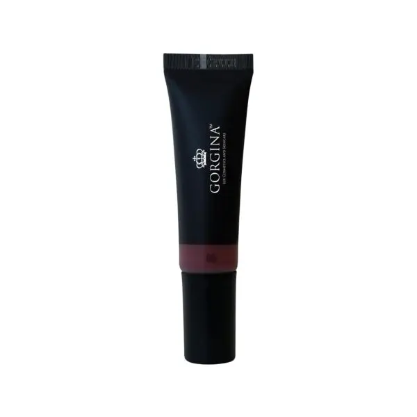 A black tube of Gorgina matte lip cream with a dark red shade indicator.