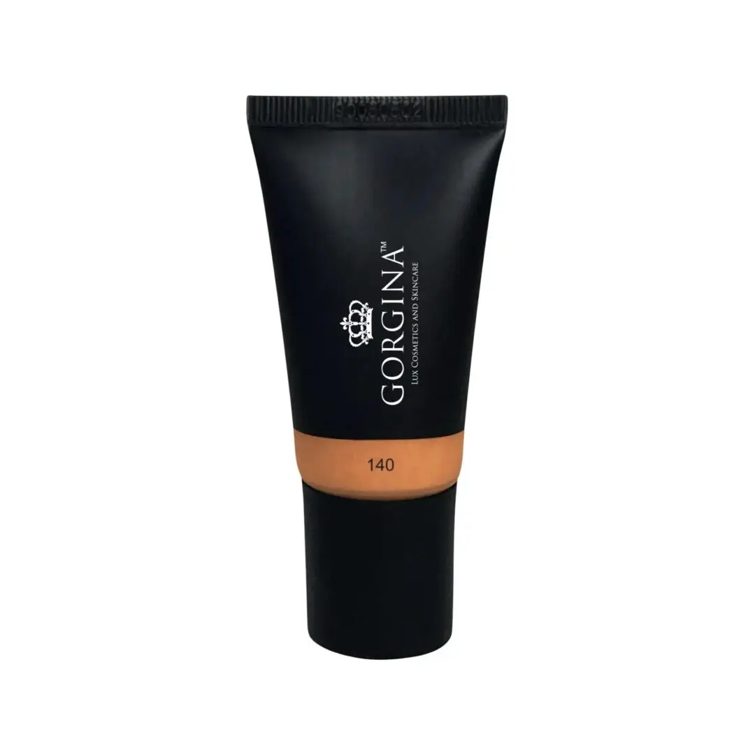 A black tube of Gorgina brand liquid foundation, labeled shade 140, with a black cap.