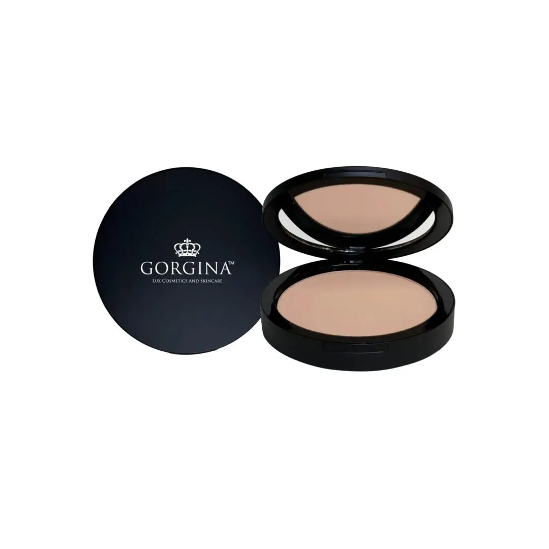 A compact of face powder with a mirror, labeled "Gorgina," in a black case.