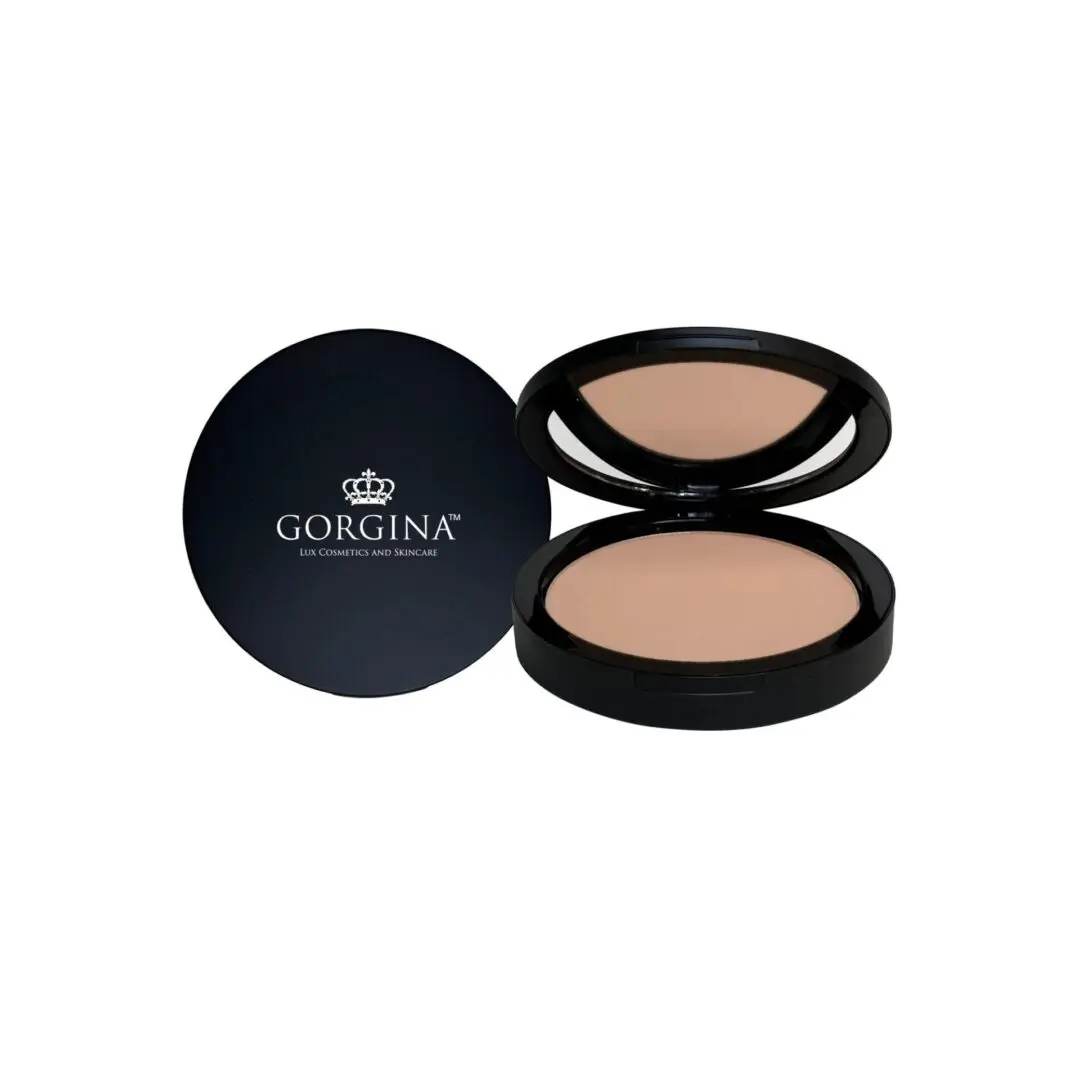 A black compact with "Gorgina" logo is open, revealing a beige face powder and a mirror.