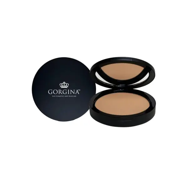 Open compact with beige powder and a mirror, black lid embossed with "GORGINA" and a crown logo.