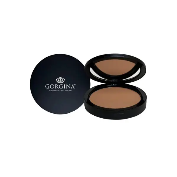 Open black compact with Gorgina branding, showing pressed powder and a mirror.