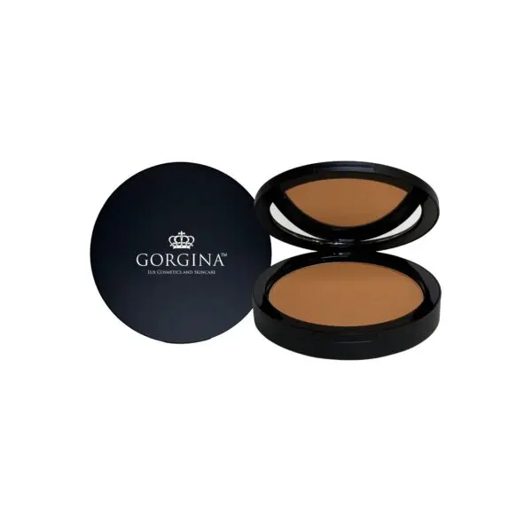 Compact makeup powder with open lid revealing product inside, next to a closed compact, labeled "Gorgina.