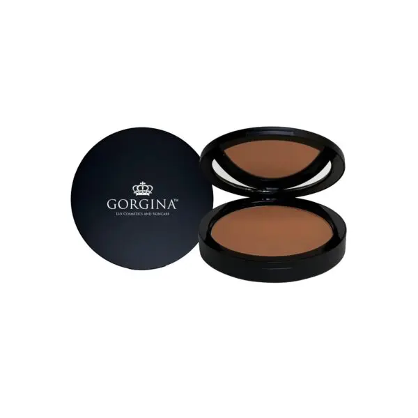 Open black compact with bronzer powder, featuring the logo "Gorgina" on the lid.