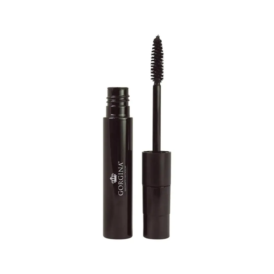 Black mascara tube with the brand name "Gorgina" printed on it. The brush wand is extended, showing the bristles.