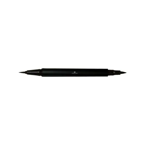 A dual-tip black marker with a fine tip on one end and a broader tip on the other, against a white background.