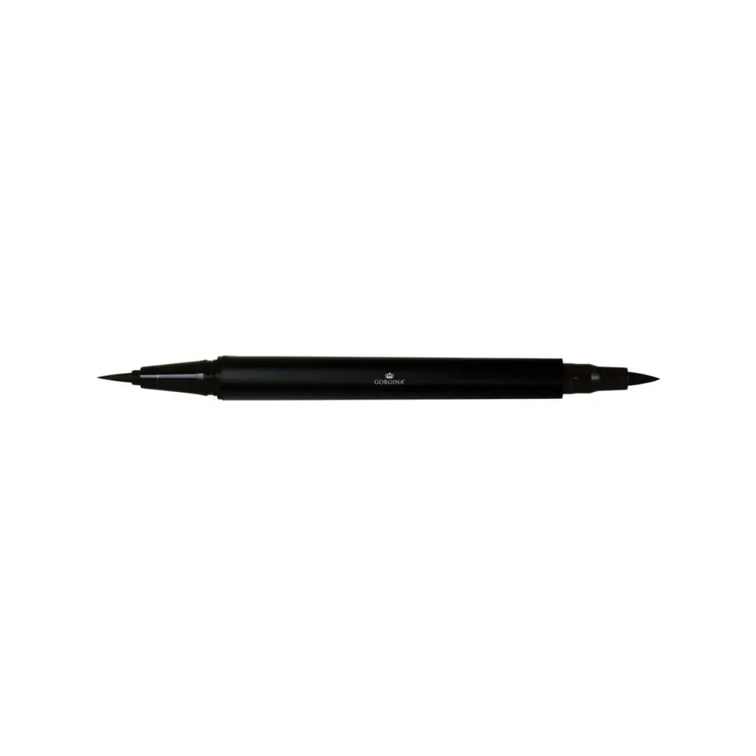 A dual-tip black marker with a fine tip on one end and a broader tip on the other, against a white background.