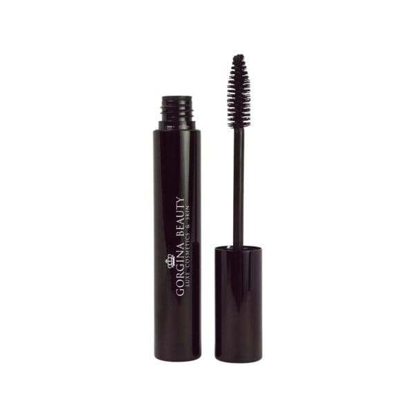 Black mascara tube and wand with a black cap, labeled "Gorgina Beauty.