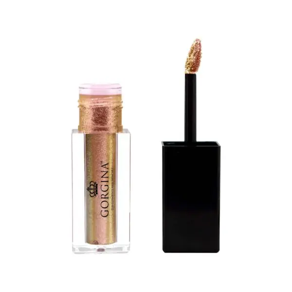 A tube of Gorgina gold shimmer eyeshadow with a black applicator wand. The lid is open, showing the applicator tip.