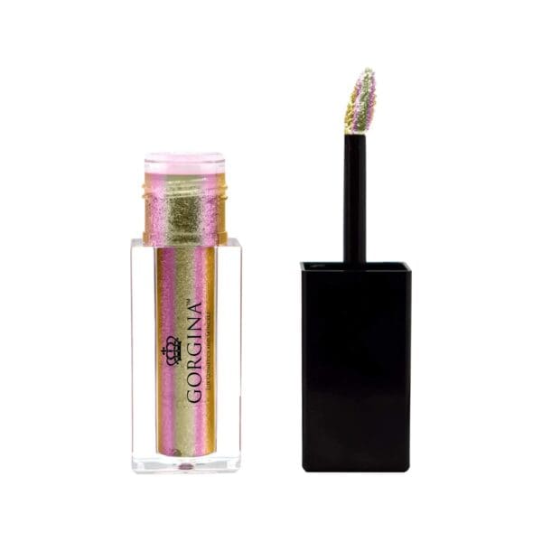 A tube of glittery liquid lipstick with a brush applicator, featuring a mix of pink and gold hues.