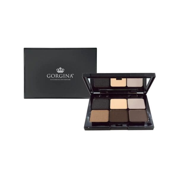 Makeup palette with six shades in neutral tones, accompanied by a closed, branded black box.