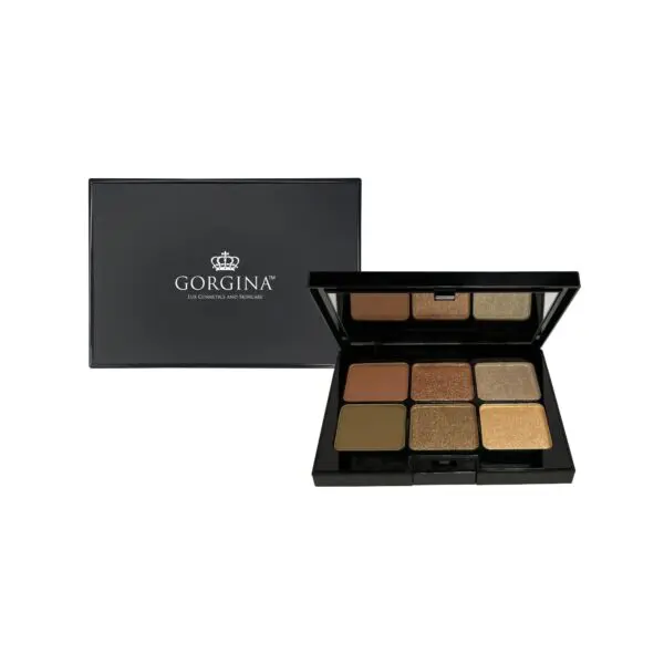 A black makeup palette with six earth-tone eyeshadow shades beside a closed lid with a logo.