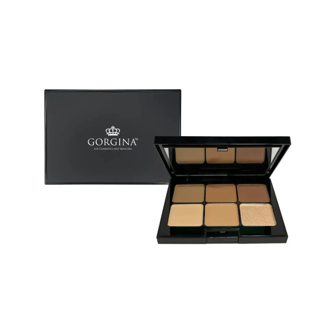 A black makeup palette with six shades of foundation or concealer, displayed open and closed.