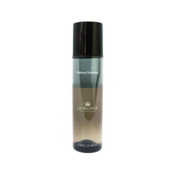 Clear bottle labeled "Gorgina Makeup Remover," with a black cap, containing 3.38 FL OZ/100 ml of liquid.