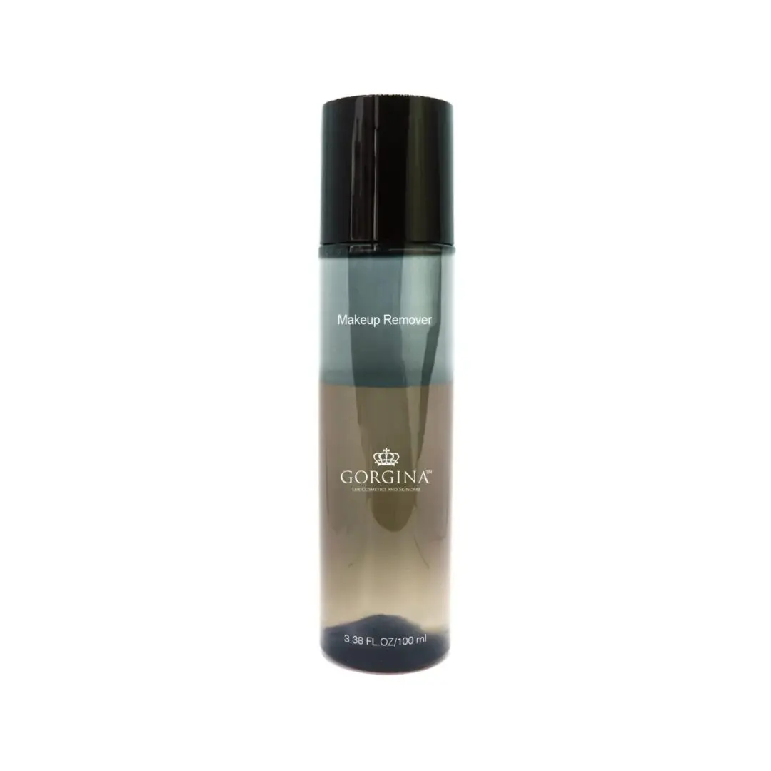 Clear bottle labeled "Gorgina Makeup Remover," with a black cap, containing 3.38 FL OZ/100 ml of liquid.