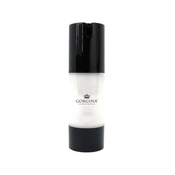 A black and white cosmetic bottle labeled "Gorgina" with a crown logo.