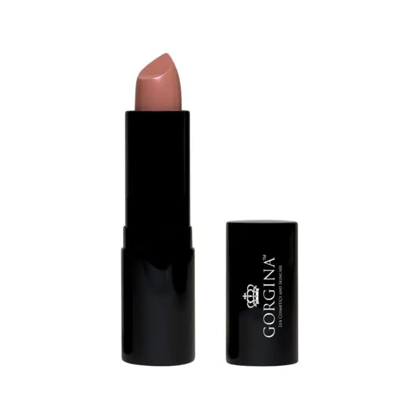 A nude lipstick with a black tube and the cap placed on the side, displaying the brand name "Gorgina.