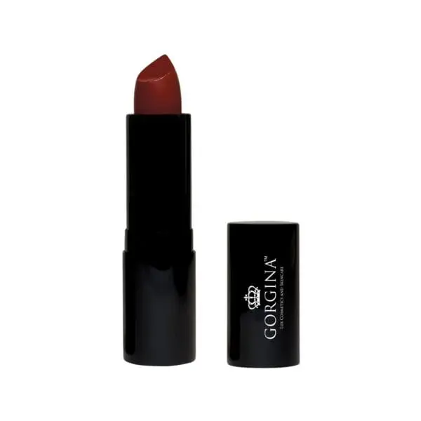 A dark red lipstick in a black tube with a separate cap beside it, displaying the brand name "Gorgina.