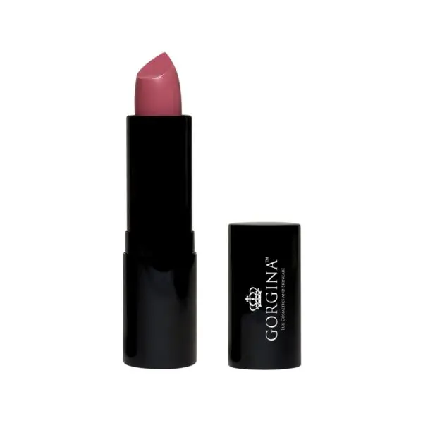 A pink lipstick tube is shown upright with its black cap beside it. The brand name "Gorgina" is printed on the tube.