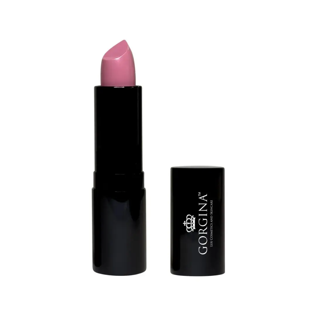 Pink lipstick in a black tube with the cap placed beside it, showing the brand "Gorgina.