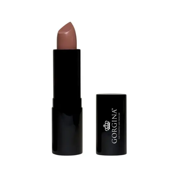 Gorgina lipstick in brown shade with an open black tube and cap placed beside it.