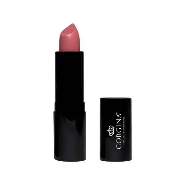 A pink lipstick with its cap off, branded with "Gorgina" on the black casing.