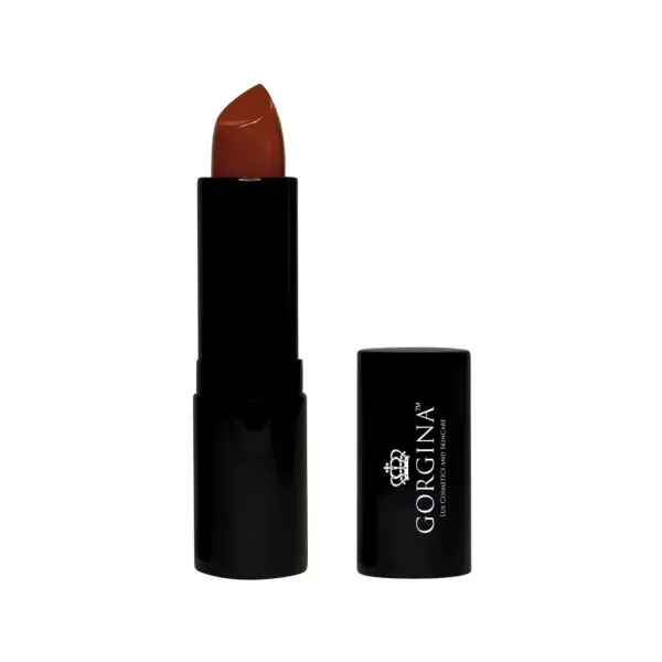 A dark red lipstick in a black tube with the brand name "Gorgina" printed in white. The cap is placed beside the lipstick.