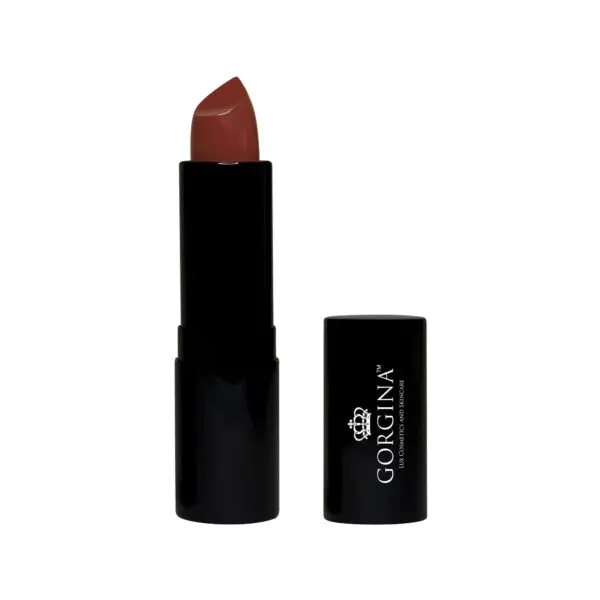 A tube of red lipstick with its cap removed, showing the brand name "Gorgina" on the side.