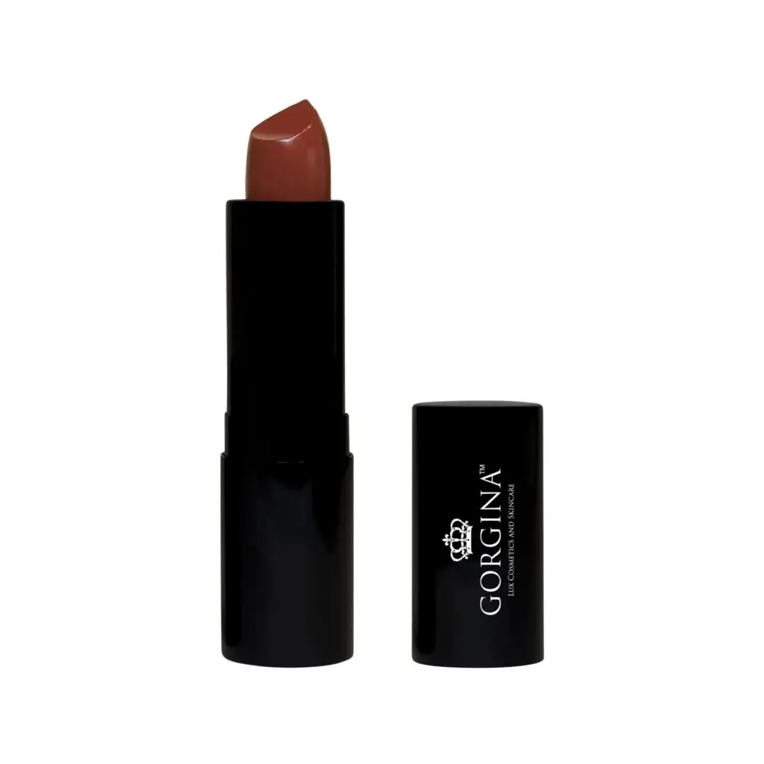 A dark brown lipstick in a black tube with a removed cap, labeled "Gorgina.