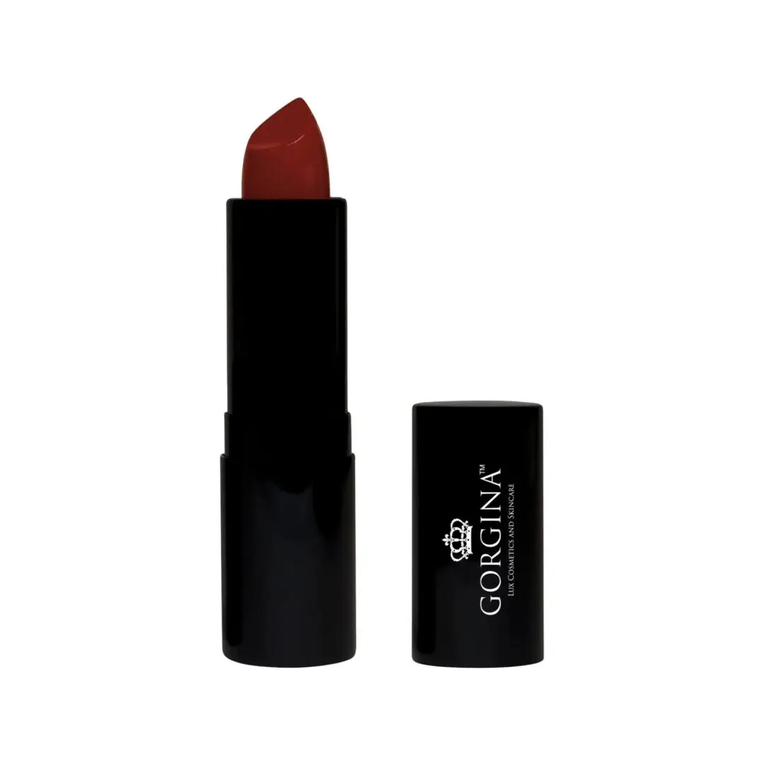 A dark red lipstick in a black tube with the cap off, showing the brand name "GORGINA" on the side.