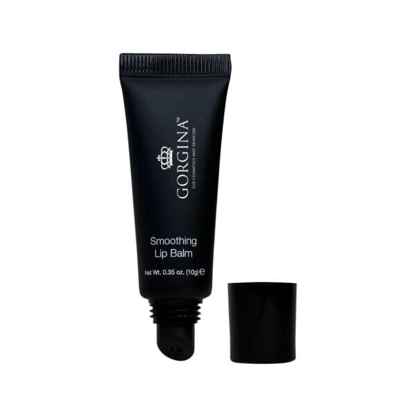 A black tube of Gorgina Smoothing Lip Balm with the cap off.