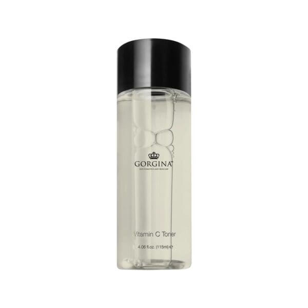 Clear bottle of Gorgina Vitamin C Toner with a black cap, containing 4.06 fl oz (115 ml) of product.