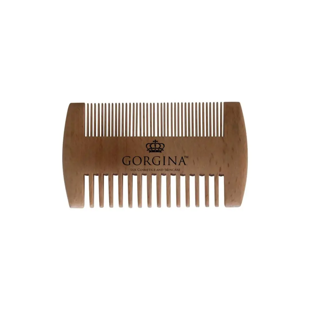 Wooden double-sided comb with fine and wide teeth, engraved with "Gorgina Lux Cosmetics and Skincare" and a crown symbol.