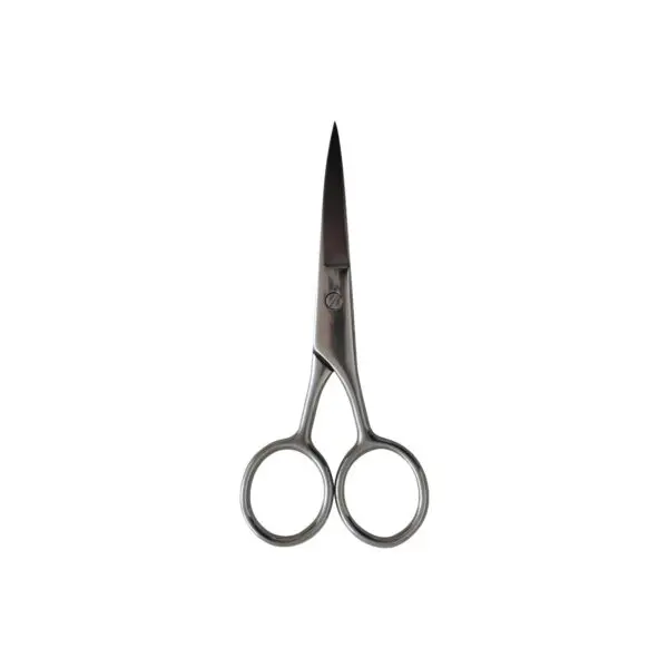 A pair of stainless steel scissors with sharp, pointed blades and looped handles on a white background.