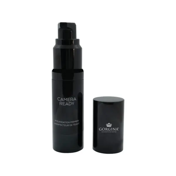 Black bottle of foundation primer with a pump and a detached cap beside it, labeled "Camera Ready" and "Gorgina.