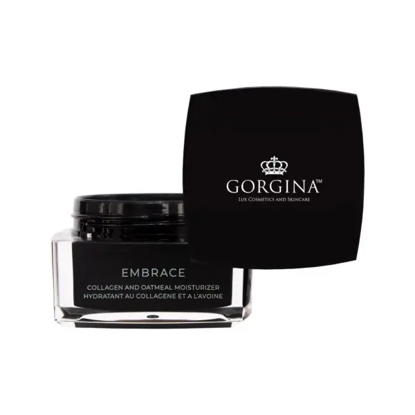 Black jar of Gorgina Embrace collagen and oatmeal moisturizer with the lid partially off, showcasing the product name in silver text.