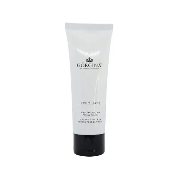 A white tube of Gorgina Exfoliate mint facial polish with black cap against a plain background.