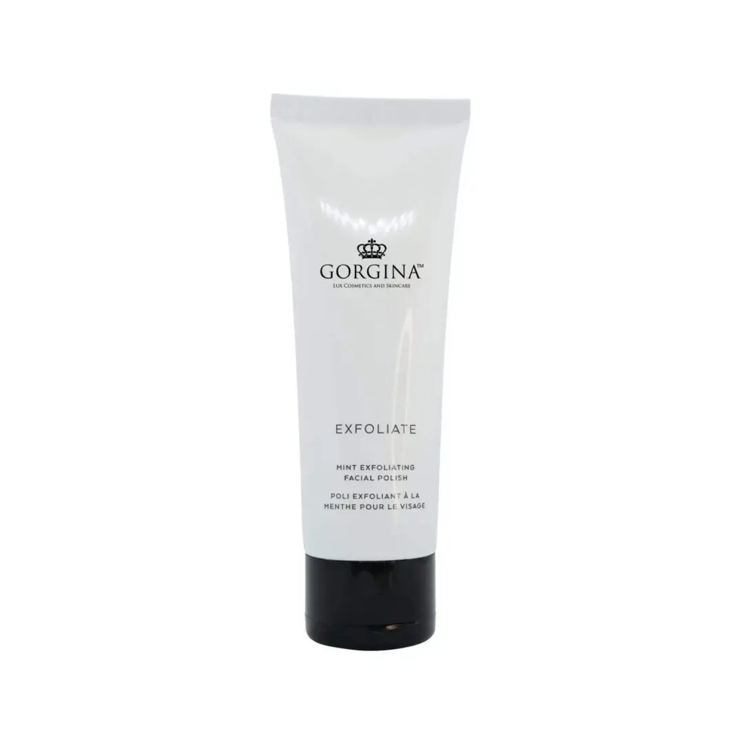 A white tube of Gorgina Exfoliate mint facial polish with black cap against a plain background.