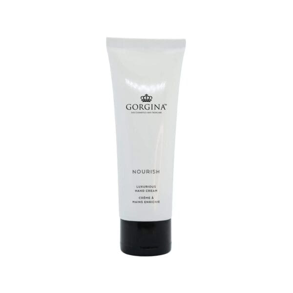 A white tube of Gorgina Nourish Luxurious Hand Cream with a black cap.