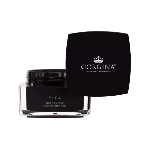 A black jar of Gorgina Shea Body Butter with a square lid, featuring a crown logo and "Lux Cosmetics and Skincare.