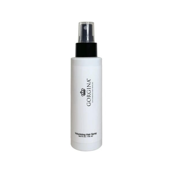 White bottle of Gorgina Volumizing Hair Spray with a black spray nozzle, containing 6.7 fl oz (200 ml).