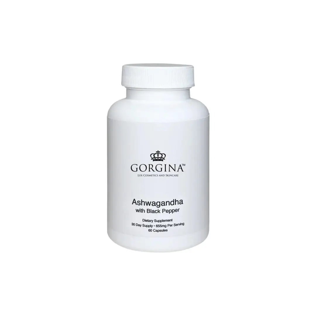 White bottle labeled "Ashwagandha with Black Pepper" by Gorgina, containing 60 capsules as a dietary supplement.