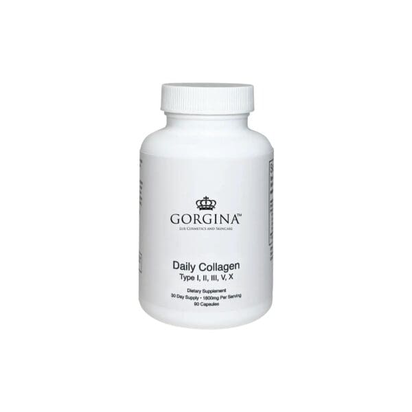 A white bottle of Gorgina Daily Collagen dietary supplement for types I, II, III, V, and X, with 60 capsules for a 30-day supply.