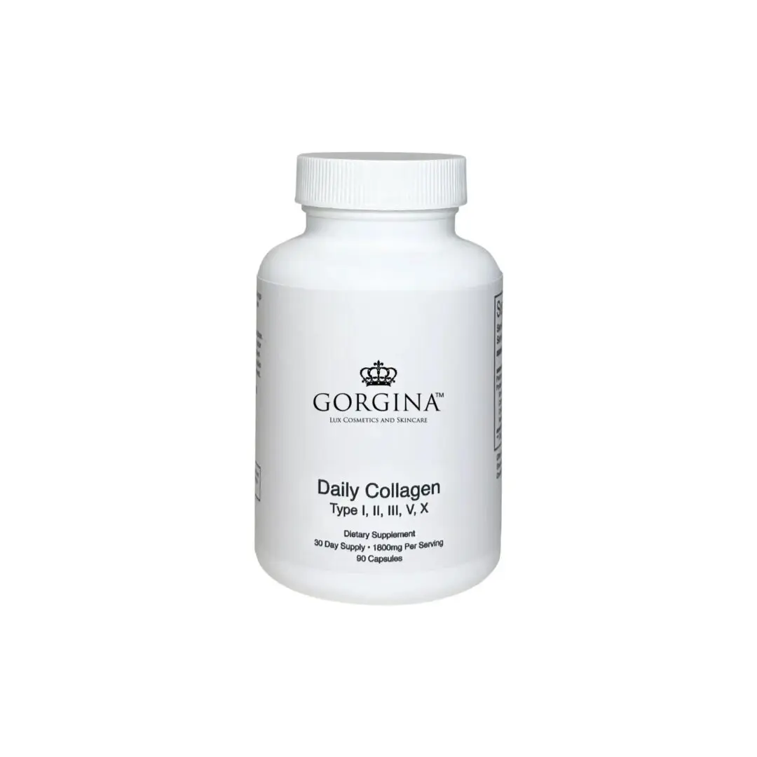 A white bottle of Gorgina Daily Collagen dietary supplement for types I, II, III, V, and X, with 60 capsules for a 30-day supply.