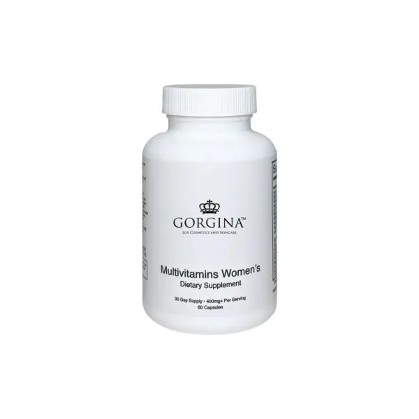 A white bottle labeled "Gorgina Multivitamins Women's Dietary Supplement" with a 30-day supply of 60 capsules.