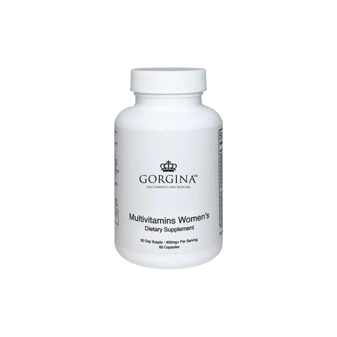 A white bottle labeled "Gorgina Multivitamins Women's Dietary Supplement" with a 30-day supply of 60 capsules.