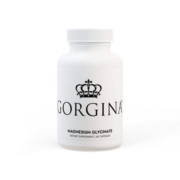 White bottle labeled "Magnesium Glycinate Supplement (60 Capsules)" by Gorgina, featuring a crown logo.